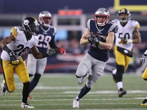 Chris Hogan of the New England Patriots carries the ball against the Pittsburgh Steelers during the third quarter in the AFC Championship Game at Gillette Stadium on January 22, 2017 in Foxboro, Massachusetts. (Maddie Meyer/Getty Images)