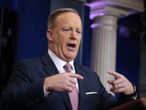 White House press Secretary Sean Spicer speaks during the daily White House briefing in Washington on Monday, Jan. 23, 2017. (AP Photo/Evan Vucci)