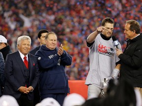 Patriots QB Tom Brady is interviewed after beating the Steelers on Sunday. (GETTY IMAGES)