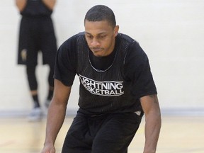 New London Lightning player Doug Herring Jr during practice with the team at the London Central YMCA on Monday. (MORRIS LAMONT, The London Free Press)