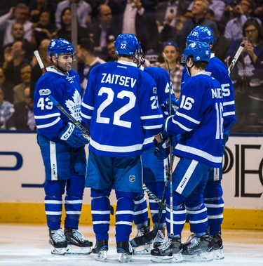Toronto Maple Leafs celebrate a goal by Nazem Kadri (left) during 3rd period action against the Calgary Flames at the Air Canada Centre in Toronto, Ont. on Monday January 23, 2017. Ernest Doroszuk/Toronto Sun/Postmedia Network