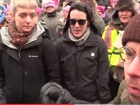 An incident where a man allegedly pushes a camera into the face of a reporter for therebel.media during Edmonton's version of the Women’s March on Washington was captured on YouTube. (YOUTUBE)