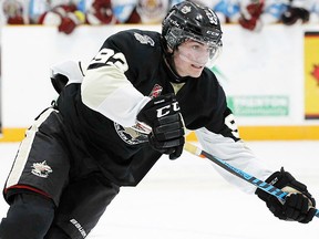 Austin Tonkovich had a goal and an assist for Trenton in a 6-5 double O.T. Golden Hawks loss to Markham in Day 1 of the OJHL Winter Showcase Monday at Community Gardens. Games continue Tuesday through Wednesday. (Amy Deroche/OJHL Images)