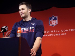 New England Patriots quarterback Tom Brady talks during a news conference after the AFC championship NFL football game against the Pittsburgh Steelers, Sunday, Jan. 22, 2017, in Foxborough, Mass. (AP Photo/Elise Amendola)