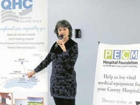 BRUCE BELL/The Intelligencer
Prince Edward Memorial Hospital Foundation board of directors chairperson Monica Alyea addresses the crowd at the Community Centre in Picton Tuesday morning. It was announced the Pre-Capital Submission for a new hospital in the town had been approved by the MOHLTC. The plan can now proceed to the next stage.