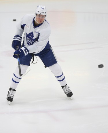 Toronto Maple Leafs Auston Matthews C (34) at practice as they prepare for their game Wednesday night in Detroit in Toronto on Tuesday January 24, 2017. Jack Boland/Toronto Sun/Postmedia Network