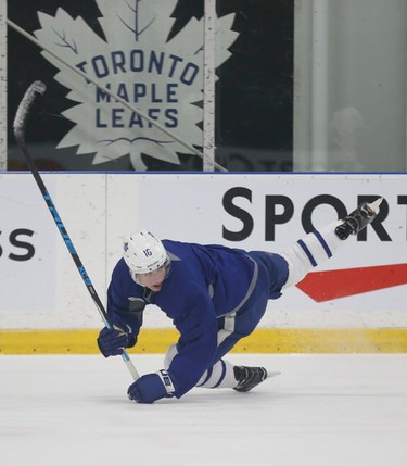 Toronto Maple Leafs Mitch Marner C (16) catches an edge at practice as they prepare for their game Wednesday night in Detroit in Toronto on Tuesday January 24, 2017. Jack Boland/Toronto Sun/Postmedia Network