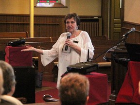 Shirley Carr with Fairwinds Lodge talks about dementia at Central United Church Tuesday. She was one of three speakers at a Central Forum installment on the subject. (Tyler Kula/Sarnia Observer)