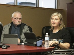 Whitecourt Mayor Maryann Chichak, right, discusses an update to the town’s vitalization plan presented to town council at their policies and priorities commitee meeting on Jan. 16. Coun. Bill McAree looks on (Joseph Quigley | Whitecourt Star).