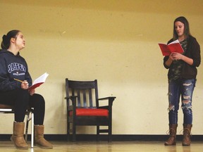 Emily Thompson, left, and Cora Puzey go through lines for the play Crumpled Classics Jan. 11 at the Cultural-Recreational Centre. County Central’s Drama Club is performing the play April 6-8. Stephen Tipper Vulcan Advocate
