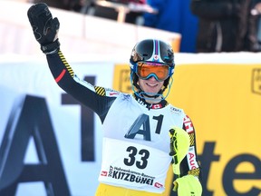 Erik Read of Canada reacts in the finish area after his second run of the Men's Slalom event of the FIS Alpine Skiing World Cup at the Hahnenkamm in Kitzbuehel, Austria on Jan. 22, 2017. (AFP PHOTO/APA/HERBERT NEUBAUER)