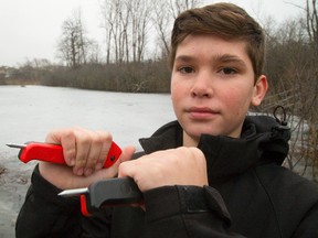 When Nick Bennett, 14, talked his parents into buying him these $15 ice-fishing spikes, saying they might save his life, he had no idea how right he was. Six days later, he used them to pull himself and two younger kids to safety after they went through the thin ice of a pond in the Kilally area of London. (MIKE HENSEN, The London Free Press)