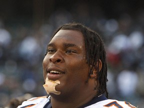 Denver Broncos tackle Orlando Franklin on the sidelines against the Oakland Raiders during the fourth quarter at O.co Coliseum on Nov. 6, 2011. (Jason O. Watson-US PRESSWIRE)