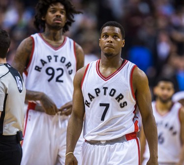 Toronto Raptors Kyle Lowry (front) and Lucas Nogueira towards the end of game action against the San Antonio Spurs at the Air Canada Centre in Toronto, Ont. on Tuesday January 24, 2017. Ernest Doroszuk/Toronto Sun/Postmedia Network