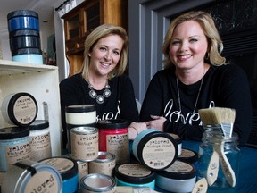 Sister-in-laws Desiree Vienneau (right) and Andrea Vienneau, pose for a photo with their line of paint called Reloved, in Edmonton Tuesday Jan. 24, 2017. Reloved paint will be included in this year's Grammy's gift bags. Photo by David Bloom / Postmedia