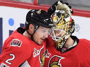 Ottawa Senators defenceman Dion Phaneuf congratulates goalie Mike Condon on his 3-0 shutout against the Washington Capitals in NHL hockey action in Ottawa on Tuesday, Jan. 24, 2017. (THE CANADIAN PRESS/Sean Kilpatrick)