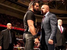 WWE superstar Seth Rollins goes face to face with WWE legend and executive Triple H during an episode of Raw. Rollins, who was a protege of Triple H's during his WWE title run, wants a match with the man known as The Game. (Courtesy of World Wrestling Entertainment)