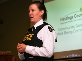 Tim Miller/The Intelligencer 
Quinte West OPP detachment commander Insp. Christina Reive, speaks during the one year celebration of the Hastings County Community Safety and Well Being Committee Situation Table at Belleville's Greek Hall on Wednesday.