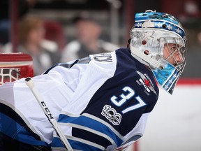 Goaltender Connor Hellebuyck is likely to be back in net Thursday against Chicago. (Photo by Christian Petersen/Getty Images)