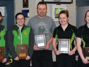 Sudbury's Burns rink, out of the Idylwylde Golf and Country Club, have qualfied for the championship round at the 2017 Canadian Junior Curling Championships in Victoria, B.C. The Burns rink is skip Krysta Burns (left), vice Megan Smith, coach Rodney Guy, second Sara Guy, and lead Laura Masters. Dave Dale/Postmedia Netywork