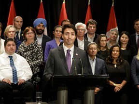 Prime Minister Justin Trudeau makes a face after saying "I misspoke" in a media availability during the federal Liberal cabinet retreat at the Fairmont Palliser in Calgary, Alta., on Tuesday, Jan. 24, 2017. Trudeau was apologizing for his comments a few days earlier wherein he said Alberta's oilsands needed to be phased out. (Lyle Aspinall/Postmedia Network)
