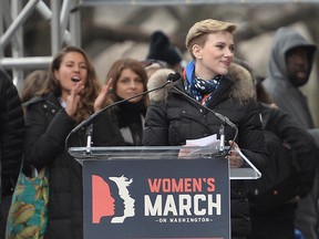 Actress Scarlett Johansson speaks during a protest on the National Mall in Washington, DC, for the Women's March on January 21, 2017. Hundreds of thousands of protesters spearheaded by women's rights groups demonstrated across the US to send a defiant message to US President Donald Trump. (ANDREW CABALLERO-REYNOLDS/AFP/Getty Images)