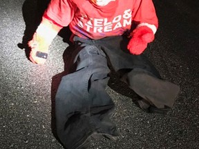 This Sunday, Jan. 22, 2017 photo provided by Carteret County Sheriff’s Office in North Carolina shows a dummy constructed of a fake plastic head and children’s clothing that was left in the road in the county’s Paradise East subdivision. A sheriff’s statement said a woman narrowly escaped being carjacked by multiple men who pulled on her door handles after she slowed down for the dummy that she thought was a child in the road. (Carteret County Sheriffs Office via AP)