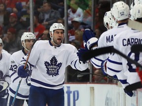 Toronto Maple Leafs defenceman Roman Polak celebrates a goal against the Detroit Red Wings in the second period of an NHL hockey game on Jan. 25, 2017. (AP Photo/Paul Sancya)
