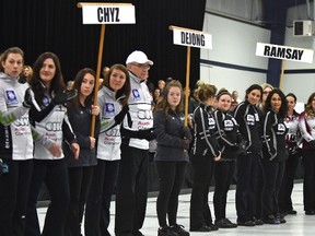 Teams lineup during the ceremony at the Alberta Scotties Tournament of Hearts provincial championship at the St. Albert Curling Club, Wednesday, January 25, 2017.