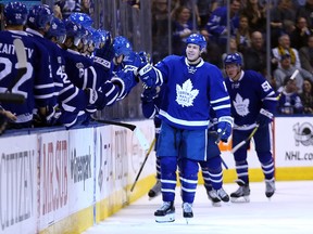 Matt Martin of the Toronto Maple Leafs celebrates his goal against the Buffalo Sabres at the Air Canada Centre in Toronto on Jan. 17, 2017. (DAVE ABEL/Toronto Sun)