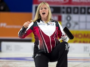 Team Jones skip Jennifer Jones reacts after delivering her stone during a game last month in Brandon. (THE CANADIAN PRESS/HO - Michael Burns)