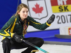 Northern Ontario skip Krysta Burns directs her sweepers during her team’s win over Saskatchewan. (Photo, Curling Canada/Bob Vanderford)