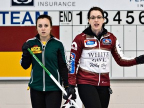 Skips Kelsey Rocque, left, and Val Sweeting call instructions at the Saville Community Sports Centre on Feb. 11, 2015. (File)