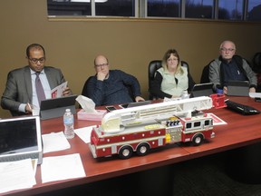 Whitecourt town councillors were presented with options for a new aerial platform truck during their policies and priorities committee meeting on Jan. 16 From left to right, councillors Derek Schlosser, Darlene Chartrand and Bill McAree. (Joseph Quigley | Whitecourt Star).