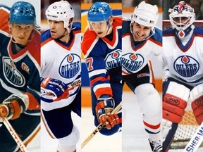 From left: Edmonton Oilers legends Wayne Gretzky, Mark Messier, Jari Kurri, Paul Coffey and Grant Fuhr.