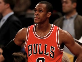 Rajon Rondo #9 of the Chicago Bulls looks on during a time out in the fourth quarter against the New York Knicks at Madison Square Garden on January 12, 2017 in New York City. (Elsa/Getty Images)