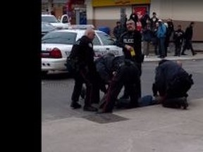 Toronto Police make an arrest in the Church and Dundas Sts. area on Tuesday, Jan. 24, 2017 in video shot by Waseem Khan.