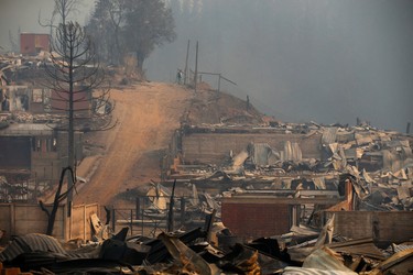 A man stands on a hill surrounded by remains of homes destroyed by fire in Santa Olga, Chile, Thursday, Jan. 26, 2017. Chilean officials say that the town of Santa Olga was consumed in the flames of the country's worst wildfires, but its 6,000 residents escaped unharmed. The flames engulfed the post office, a kindergarten, and hundreds of homes Thursday in the town located 220 miles (360 kilometers) south of the Chilean capital. (Javier Torres/Aton via AP)