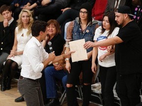Prime Minister Justin Trudeau accepts an invitation to attend a Manitoba youth rally while at a town hall at the University of Winnipeg in Winnipeg, Thursday, January 26, 2017. (THE CANADIAN PRESS/John Woods)