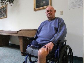 David Friedman at Country Manor Estates Retirement Home in Thedford, recovering from the amputation of his right leg. The Point Edward man is one of several people to benefit from a County of Lambton pilot program that helps pair people in need of housing with subsidized retirement home beds. (Tyler Kula/Sarnia Observer/Postmedia Network)