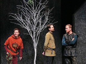 Elgin native Ben Sanders, centre, and Andre Morin, left, and Rylan Wilkie scheme in The Lion in Winter, currently on stage at the Grand Theatre.
(Claus Andersen/Claus Andersen Photography)