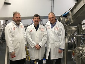 Submitted photo
MP Mike Bossio (centre) with Ivanhoe Cheese Plant manager Edo Koel and Gay Lea Foods President and CEO Michael Barrett. Bossio toured the plant earlier this week.