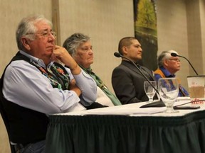 From left: Tony Belcourt, Maria Campbell, Gabriel Daniels and Elmer Ghostkeeper sat on a panel at the University of Alberta Jan. 27, 2017, to talk about the possible effects of the Daniels Case, a Supreme Court of Canada decision regarding Metis identity.