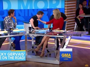 Animal lover Ricky Gervais paused on Good Morning America Friday to adopt out a 15-year-old dog.