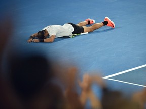 Spain's Rafael Nadal celebrates his victory against Bulgaria's Grigor Dimitrov during their men's singles semifinal match on Day 12 of the Australian Open in Melbourne on Jan. 28, 2017. (AFP)