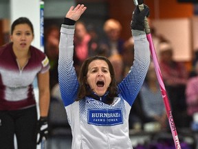 Acting skip Heather Nedohin for Team Kleibrink reacts after throwing her rock during tyhe Alberta Scotties Tournament of Hearts provincial championship at the St. Albert Curling Club, Thursday, January 26, 2017.