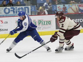 Alan Lyszczarczyk, left, of the Sudbury Wolves, breaks around Cole Fraser, of the Peterborough Petes, during OHL action at the Sudbury Community Arena in Sudbury, Ont. on Friday January 27, 2017. John Lappa/Sudbury Star/Postmedia Network