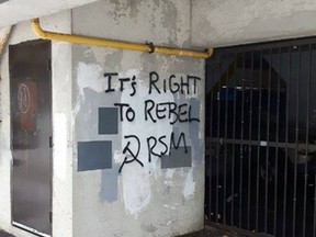 Graffiti of the communist sickle and hammer, along with the RSM tag -- presumably indicating the Revolutionary Student Movement -- have appeared on various buildings downtown, including the Christ the King older adults residence, a former school on Mackenzie Street and the former Sudbury Star building, as well as on the main entrance to Laurentian University. Supplied photo