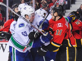 Bo Horvat of the Canucks (left) and the Flames' Mikael Backlund, somewhat surprisingly, lead their respective teams in points at the all-star break. (Derek Leung, Getty Images)