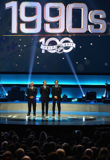 LOS ANGELES, CA - JANUARY 27:  (L-R) Former NHL players Brett Hull, Luc Robitaille and Brendan Shanahan stand on stage during the NHL 100 presented by GEICO Show as part of the 2017 NHL All-Star Weekend at the Microsoft Theater on January 27, 2017 in Los Angeles, California.  (Photo by Bruce Bennett/Getty Images)